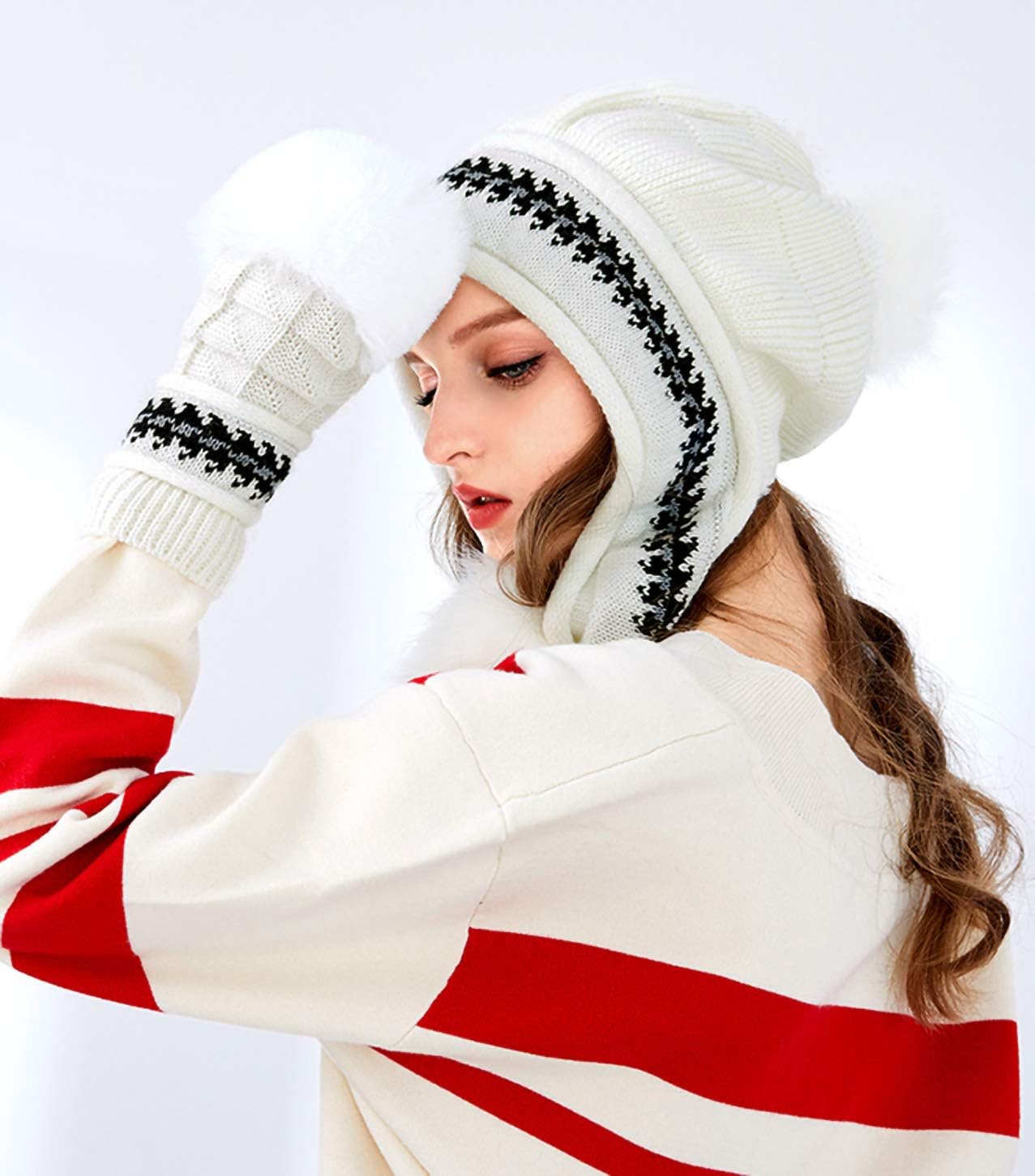 Bellady Women Knit Beanie Winter Ski Hat Cap with Earflap Pom Glove Set