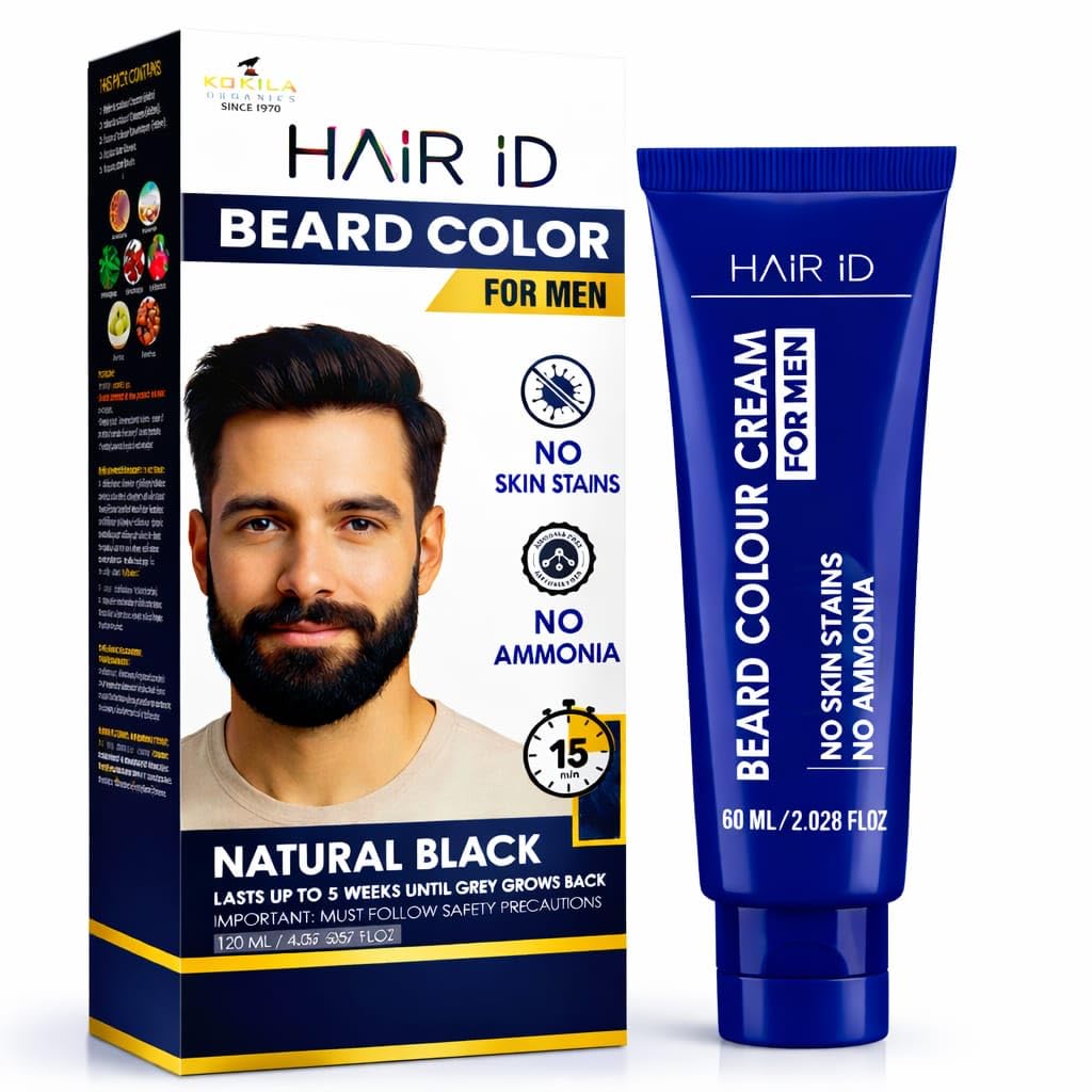 HAIR ID 120GM No Skin Stain Beard Color Cream (1 Pack) | Color In Just 10 Minutes | No Ammonia, Long Lasting (Free Gloves, Brush And Trey) Natural Extracts-image-19