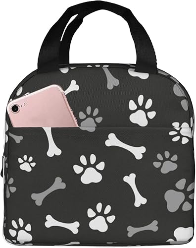Fiokroo Bolsa de almuerzo aislada con patas y huesos de perro, huellas de animales, reutilizable, impermeable, bolsa de almuerzo para escuela,
