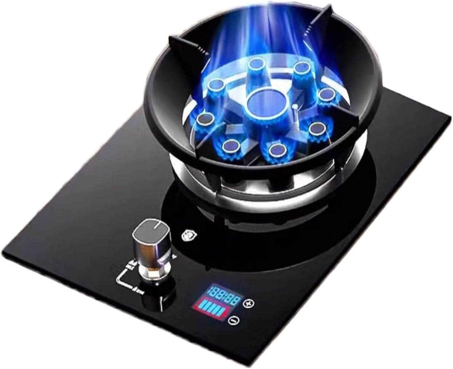 5.2KW Indoor Gas Stove - 1 Burner Cooker Kitchen, Tempered Glass Cast Iron Pot Rack, 9 Cavity Fire Burne Camping, with Timer Function(LPG)(NG)