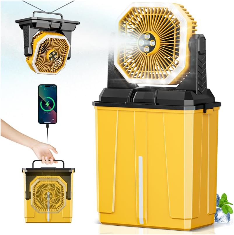Orteen Portable Misting Fan, 24000mAh Rechargeable Outdoor Cooler, Battery Operated Personal Fan with3 Speeds & 8L Bucket for Patio, Camping,Hiking, Backyard, Travel, Desk,Pool, Beach, Yellow