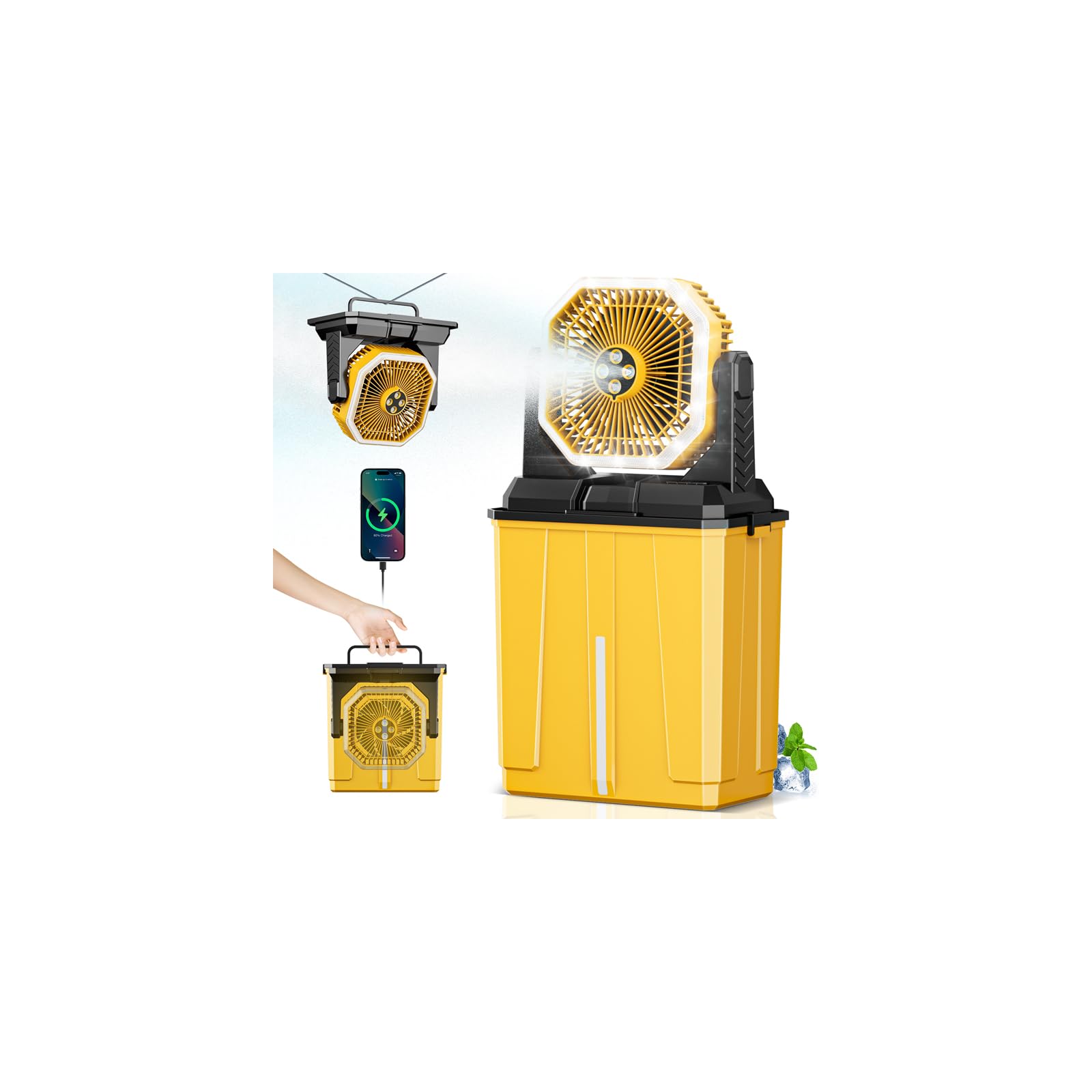 Photo 1 of **FACTORY SEALED**  Orteen Portable Misting Fan, 24000mAh Rechargeable Outdoor Cooler, Battery Operated Personal Fan with3 Speeds & 8L Bucket for Patio, Camping,Hiking, Backyard, Travel, Desk,Pool, Beach, Yellow