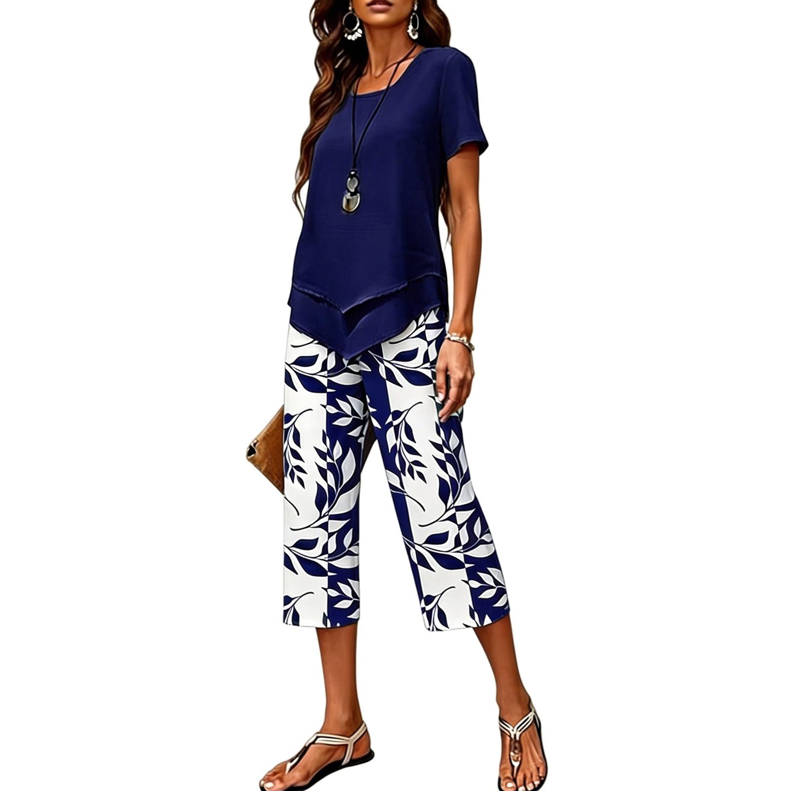 2 Teiler Damen Sommer, Freizeitanzug Set Trainingsanzug Zweiteiler Elegant Unregelmäßiger Kurzarm Oberteil mit Blumendruck Caprihose Weites Bein 3/4 Hose