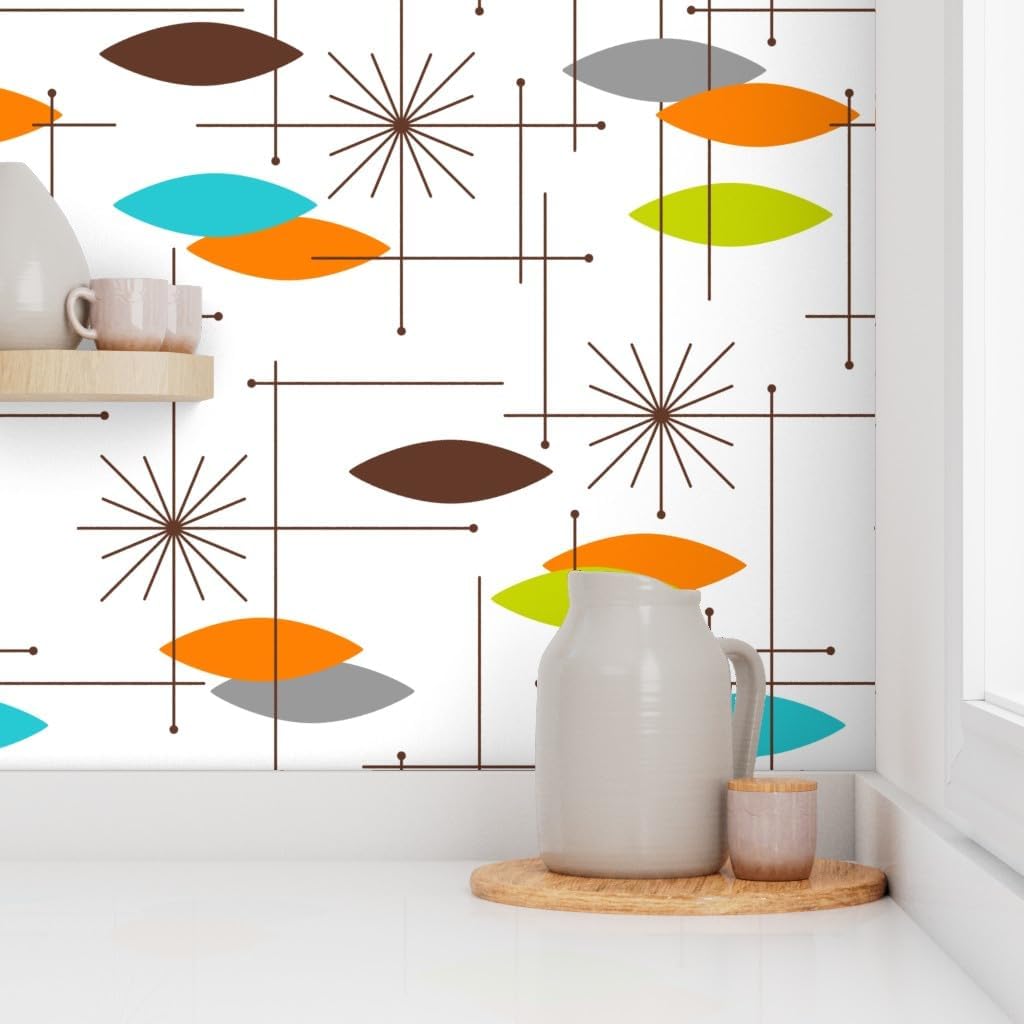 Removable Wallpaper 6ft x 2ft - Mid Century Modern, Orbs, Large Scale, Starburst, Atomic, MCM, Retro, Space Age, Brown, Burnt Custom Pre-Pasted Wallpaper by Spoonflower
