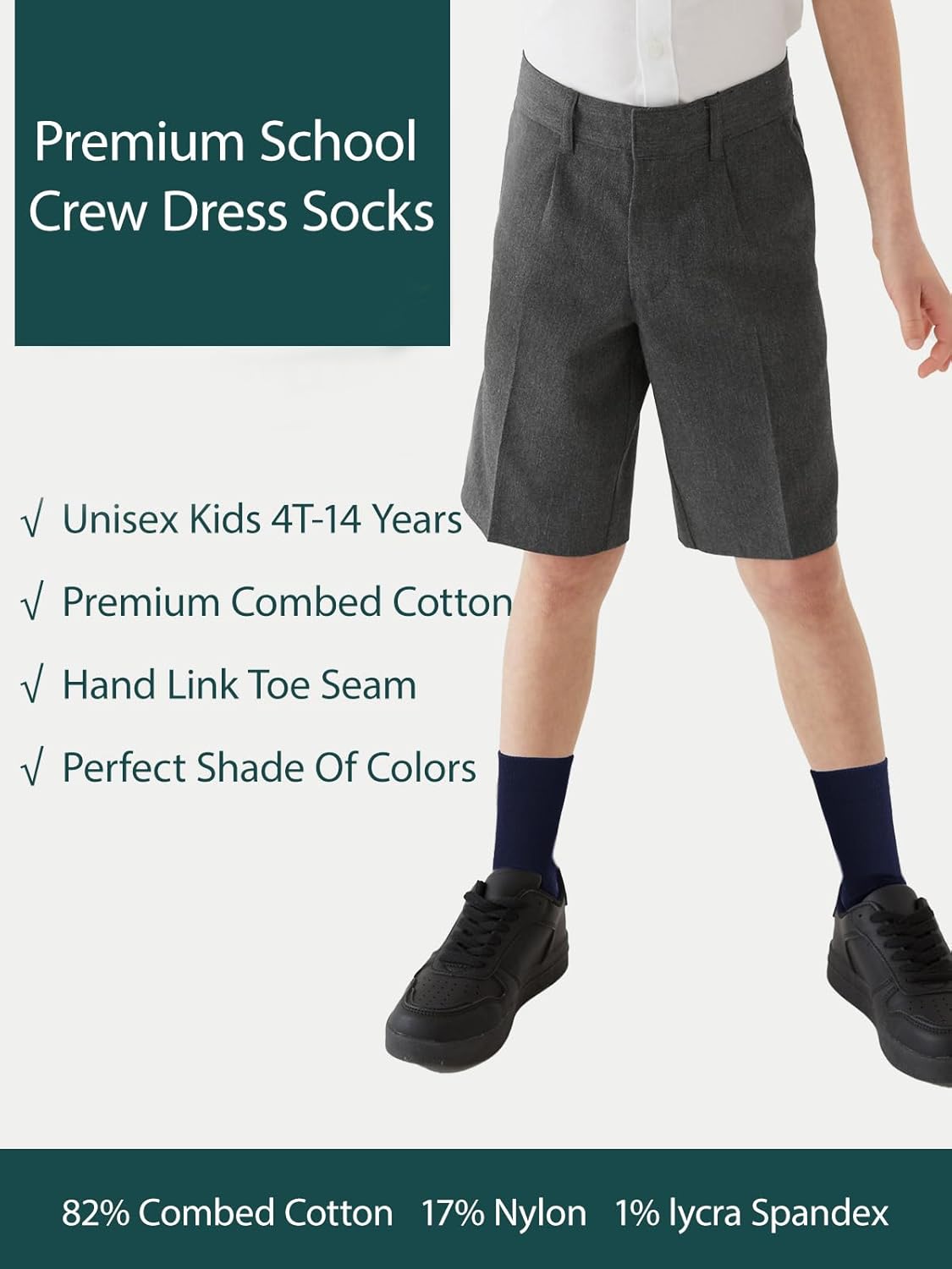 COTTON DAY Unisex Little Kids Youth Boys Girls Soft Cotton Crew Dress Socks Seamless Toe Black White Gray Navy 6 Pack - Image 4