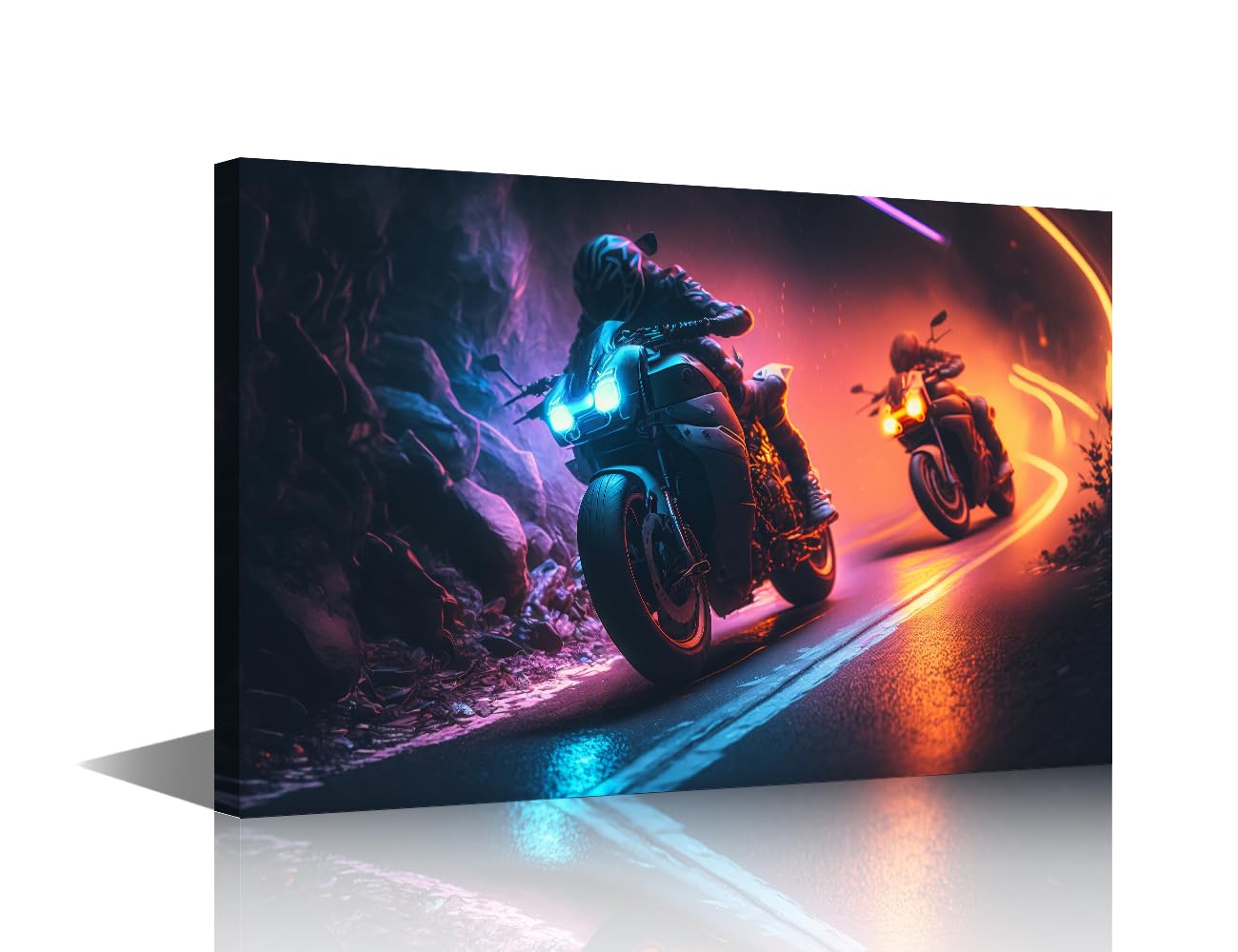 1 Panels Canvas Wall Decor Modern Art Racing Cyberpunk Motorcycles Down a Road in a City with Neon Lights Picture Poster for Bedroom Living Room Wall Decorations, Ready to Hang, 24"Wx16"H โ image 1