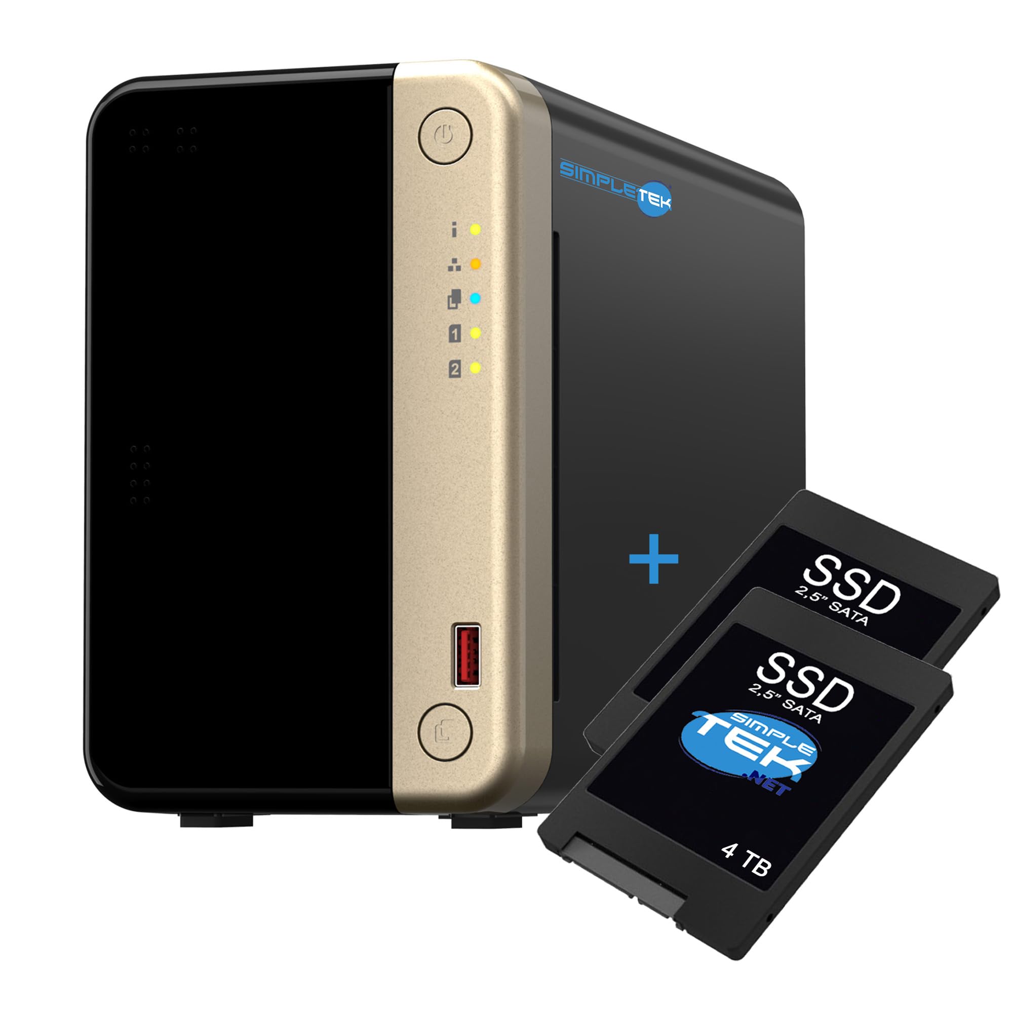 SIMPLETEK - Profesjonalny 2-komorowy serwer NAS - czterordzeniowy procesor - 8 GB pamięci RAM - w tym 2 x 4 TB SSD - 2 gniazda M.2 NVMe - podwójny port 2,5 GbE