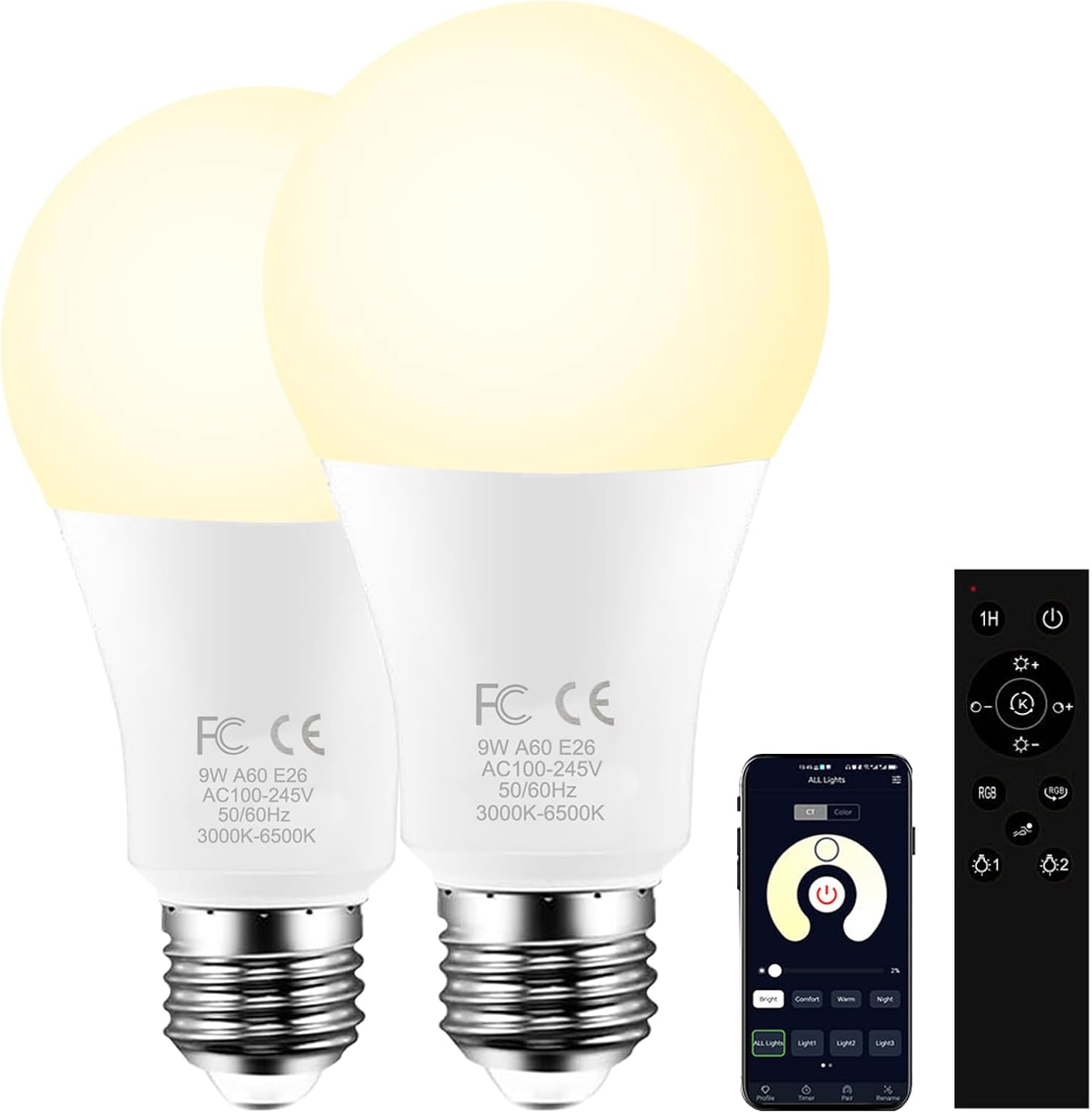 LED Bulb with a 2.4GHz Remote Control, A60 9W Color Changing Smart Light Bulb for Lamp, Bderoom, Mood Soothing, 80W Equivalent (9W) 830lm,Dimmable 1% to 100% 3000-6500K,2 Bulb & Remote