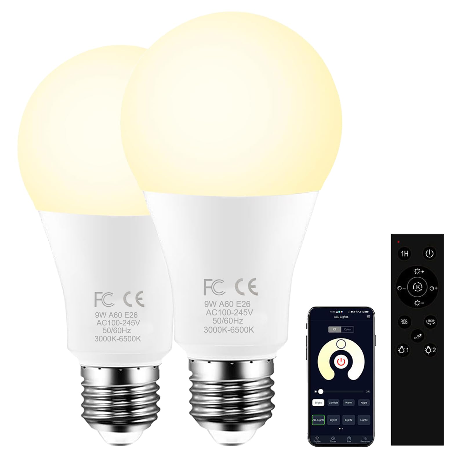 AILEMING E27 LED Bulb with 2.4GHz Remote Control, A19 9W Smart Light Bulb for Bedroom, Mood Soothing, 60W Equivalent 800LM,Stepless Dimmable 1% to 100% 2700-6500K,2 Bulb & 1Remote