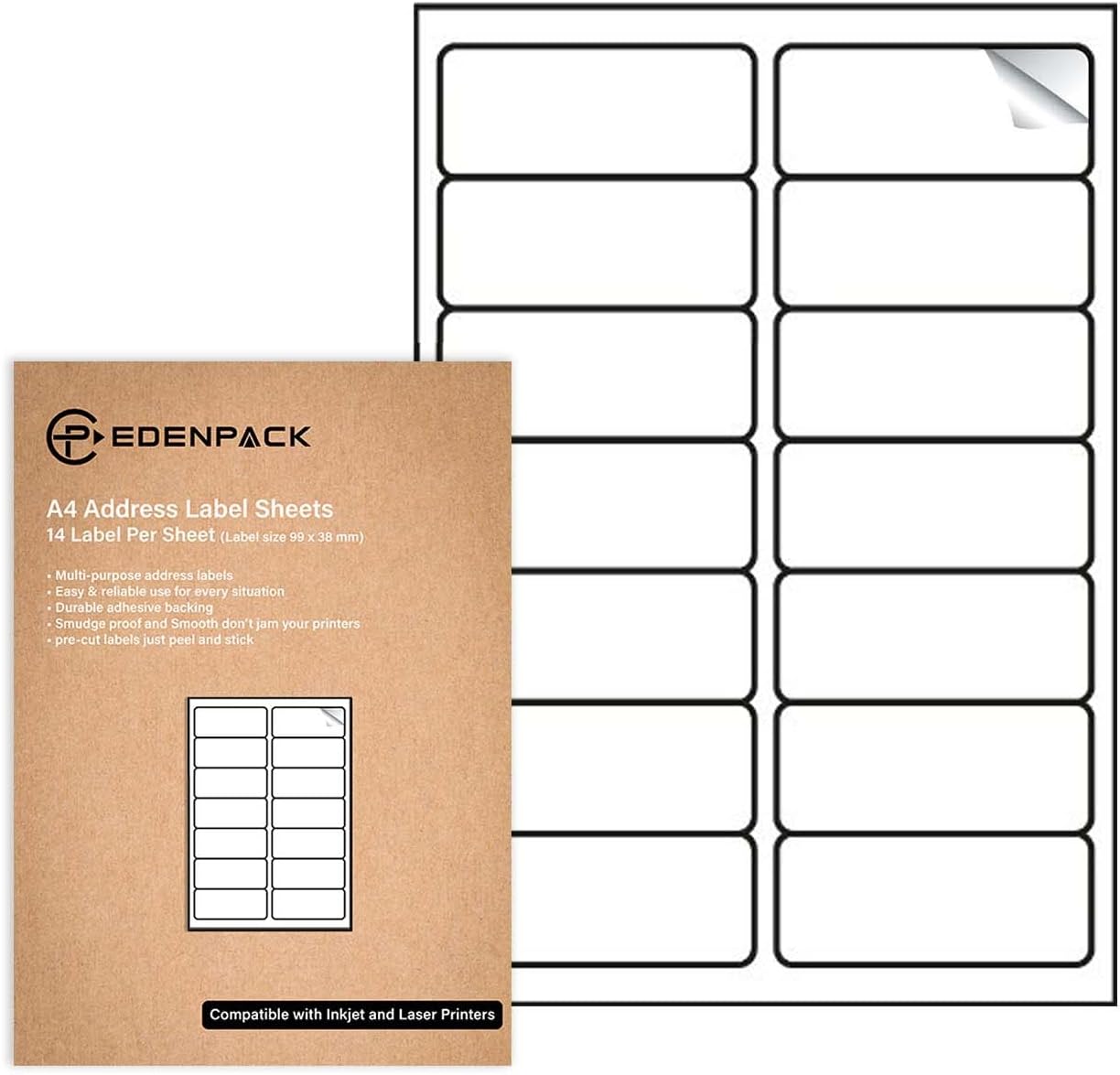 Edenpack14 Label Per A4 Sheet - 1000 Sheets - Address Printable Mailing Labels Self Adhesive Compatible Laser and Inkjet Printers - EP16240