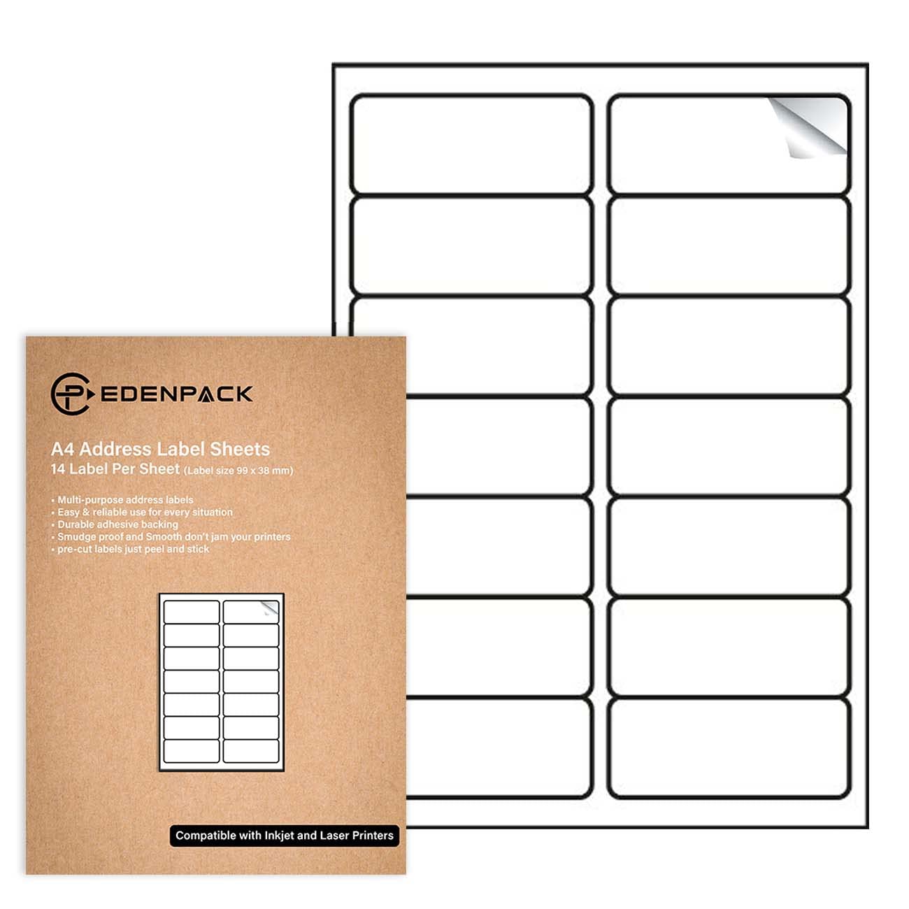 Edenpack14 Label Per A4 Sheet - 1000 Sheets - Address Printable Mailing Labels Self Adhesive Compatible Laser and Inkjet Printers - EP16240