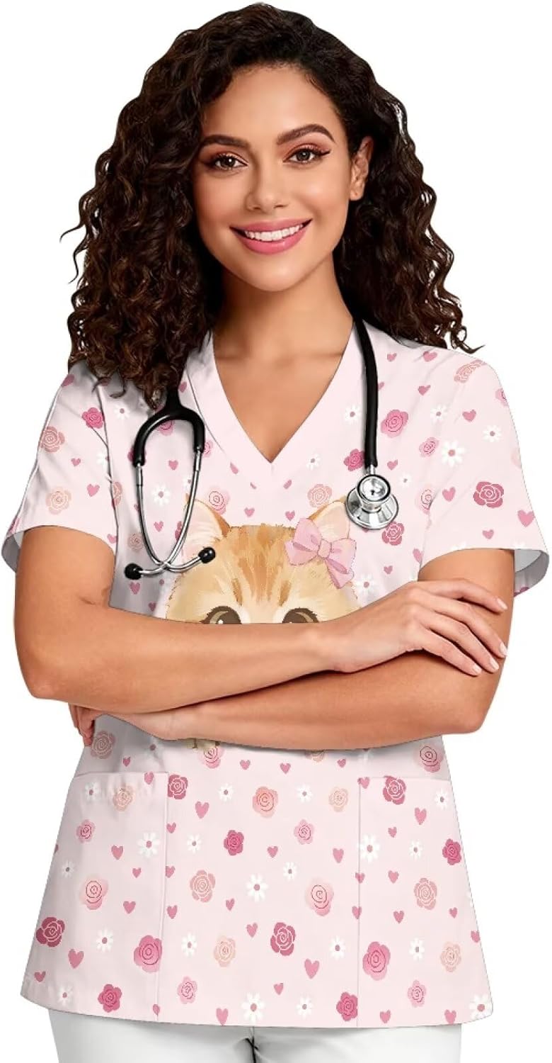 V-Neck Scrub Tops for Women 2026 Soft Nurse Uniform Short Sleeve Nurse Shirts Medical Workwear with 2 Pockets