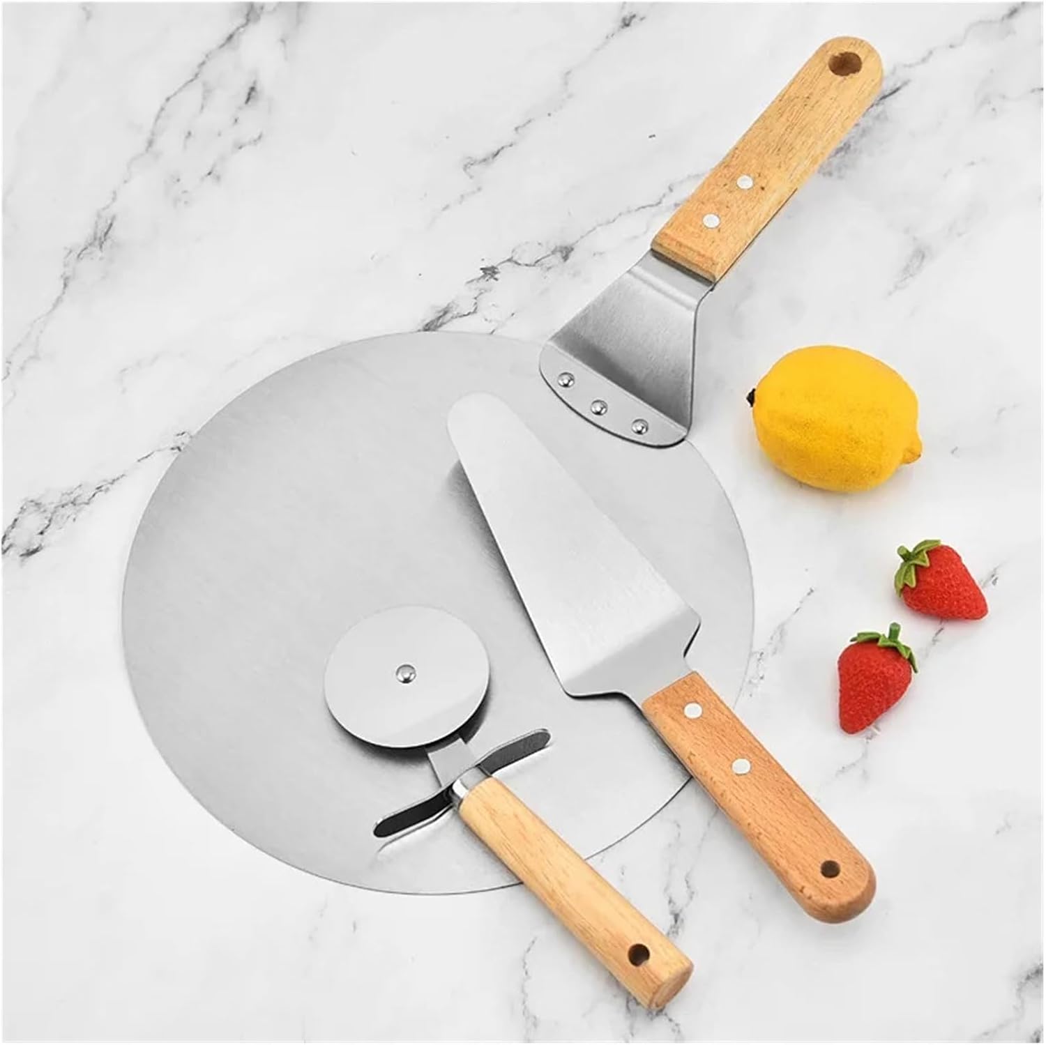 Stainless Steel Pizza Peel With Wooden Handle Household Knife Cake Tools Wheel Baking Shovel For Oven Transfer Kitchen