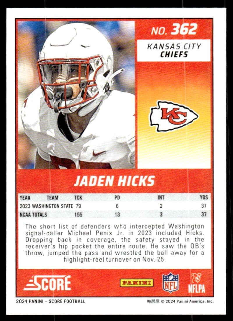 2024 Score Football #362 Jaden Hicks RC Rookie Kansas City Chiefs Official NFL Trading Card (Stock Photo may be shown, Card in Near Mint to Mint Condition)