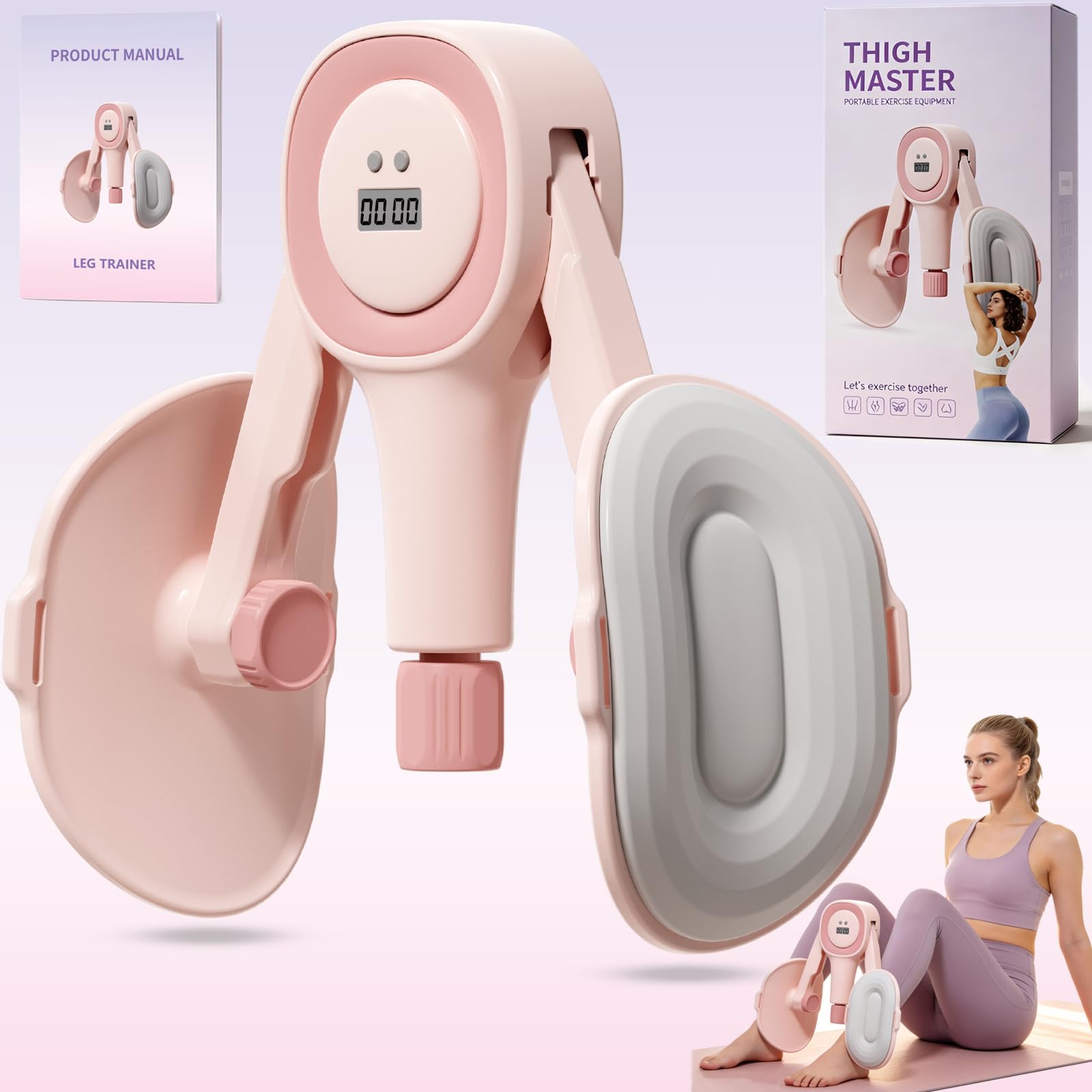 RIZENCE 2026 Upgraded Kegel Pelvic Floor Trainer for Women with Counter, 3 Modes Adjustable Thigh Trainer Thigh Exerciser with Poster, Inner Thigh Exerciser for Home Gym Workout Equipment - Pink
