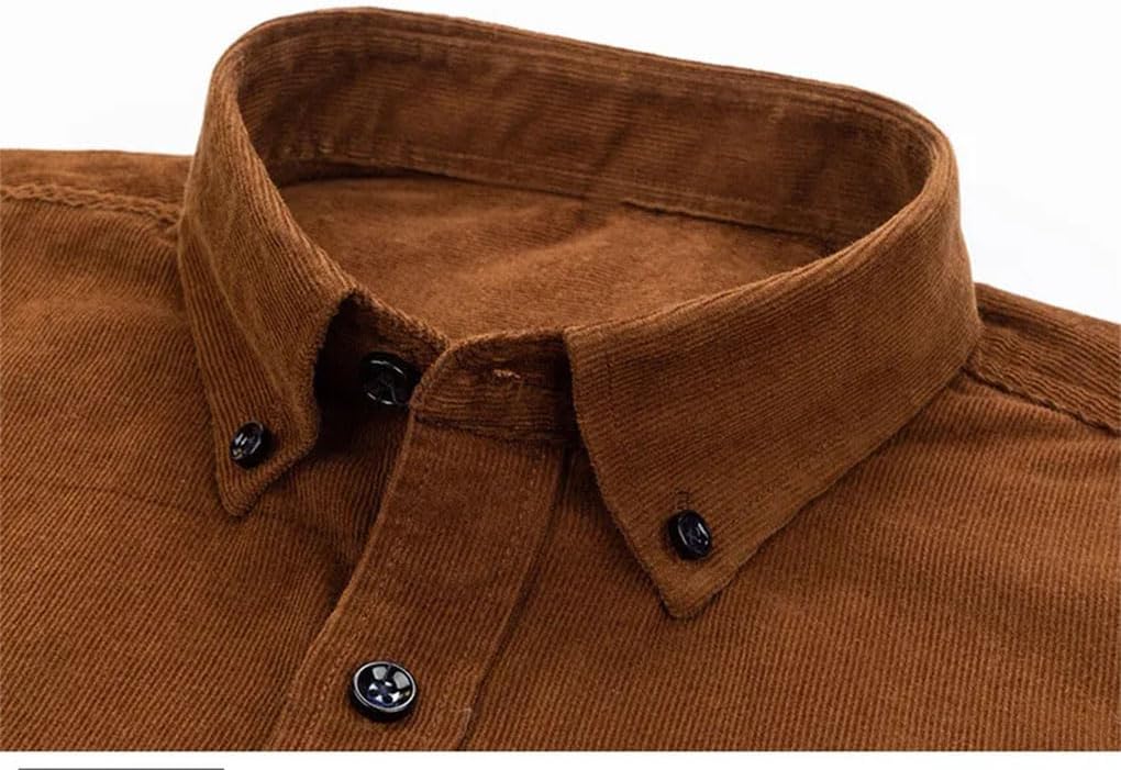 Men Corduroy Shirt Men's Casual Long Sleeve Shirts Men Cotton Soft Button-Down Collar Brown Shirt