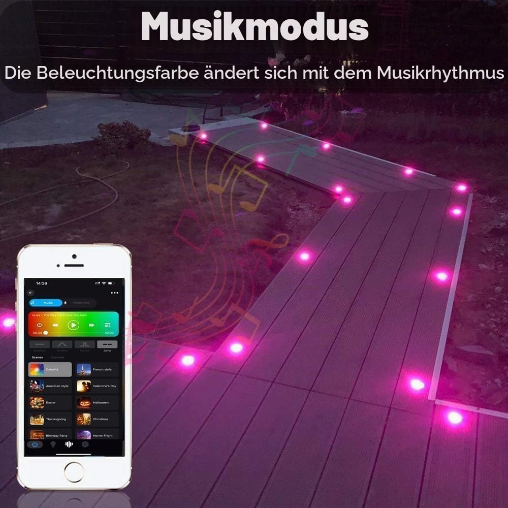 WLAN Bodenstrahler Außen Wasserdicht RGB + Warmweiß 30er Set | Ø31mm | IP67 Wasserdicht, DC12V, App/Alexa-Steuerung, befahrbar, 50.000h Lebensdauer und dimmbar