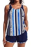 Hanna Nikole Tankini with Shorts,Swimming Costume Women,Sport Tankini Sets,Modest Swimwear,2 Piece Tummy Control Swimsuit,Color Block Adjustable Bathing Suit with Pockets Buit in Bottom and Bra