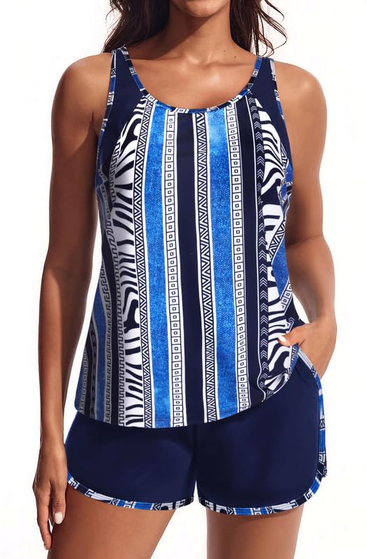 Hanna Nikole Badebekleidung für Damen Zweiteilig Sport Bauchweg Tankini Push Up Strandmode High Waist Badeshorts Mit Taschen Bademode Verstellbare Badeanzug Eingearbeitetes Höschen Schwimmanzug