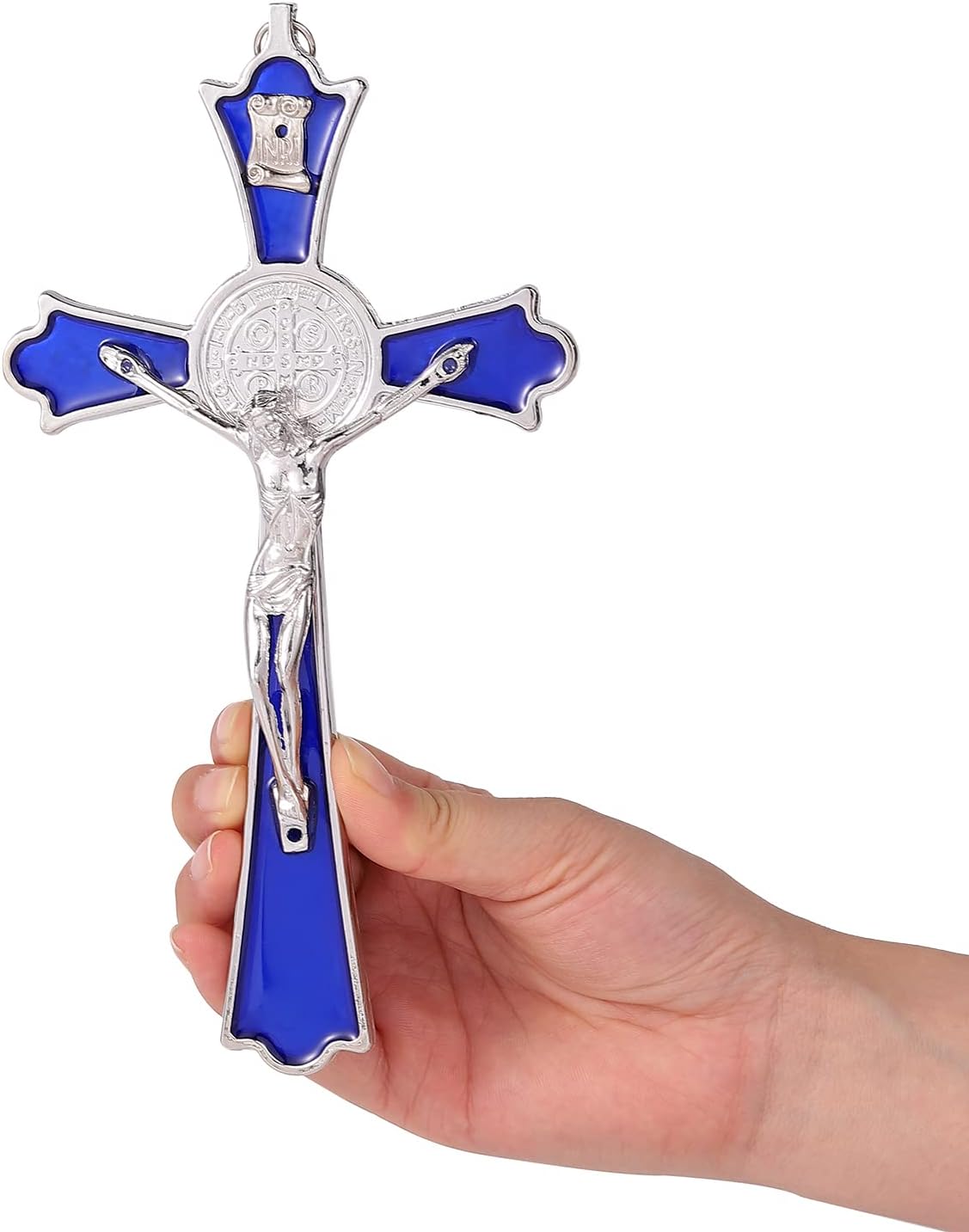 VINETEN Blue Enamel Crucifix Wall Cross -Saint Benedict Metal Wall Art-Cross Give Blessing and The Spiritual Sacred -Crucifix Gift for Grandma, boys Baptism Gift