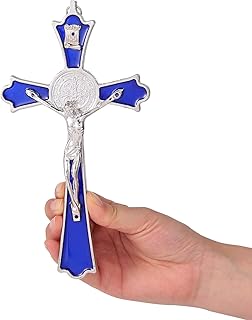 Blue Enamel Crucifix Wall Cross -Saint Benedict Metal Wall Art-Cross Give Blessing and The Spiritual Sacred -Crucifix Gift for Grandma, boys Baptism Gift