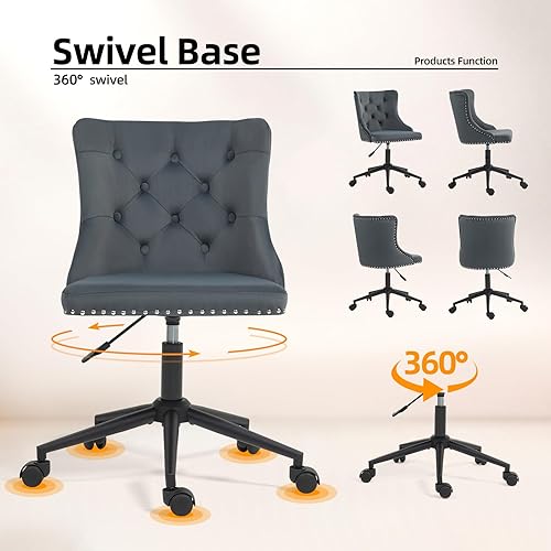 Miniatura 5 de Silla de escritorio tapizada moderna de terciopelo para oficina en casa con base negra de altura ajustable y silla giratoria de uñas con respaldo