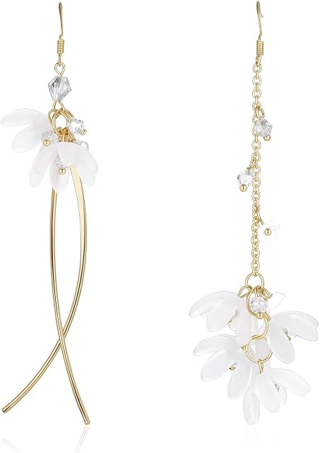 Kruckel Peach Blossom Flower Patel Dangle Long Drop Handmade Earrings for Women - Personalized Fashion Jewelry - Antique Birthday Gifts for Her Wedding, Party - Made With Swarovski Pearl - Gold/white