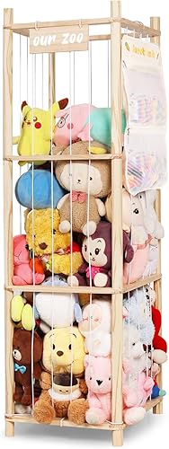 Organizador de almacenamiento de animales de peluche, soporte grande de madera para juguetes de zoológico con bolsillos, peluches, almacenamiento de