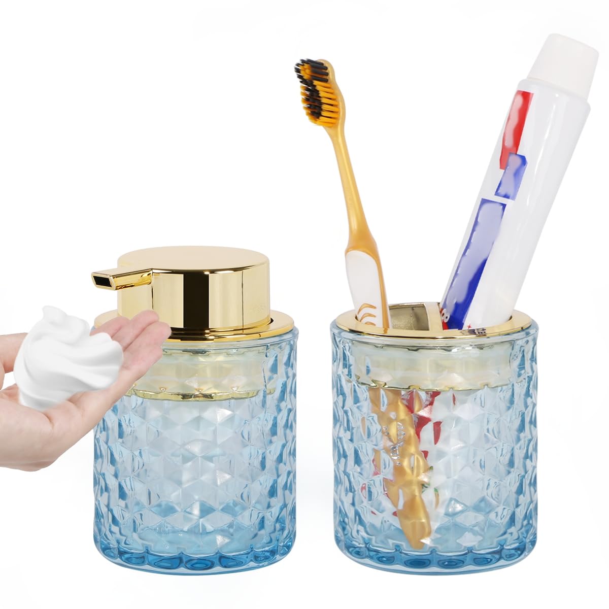 Fvstar Bathroom Accessories 2 Piece Set Glass Soap Dispenser and Toothbrush Holder, 10oz Foaming Soap Dispenser, Blue Toothbrush and Toothpaste Holder