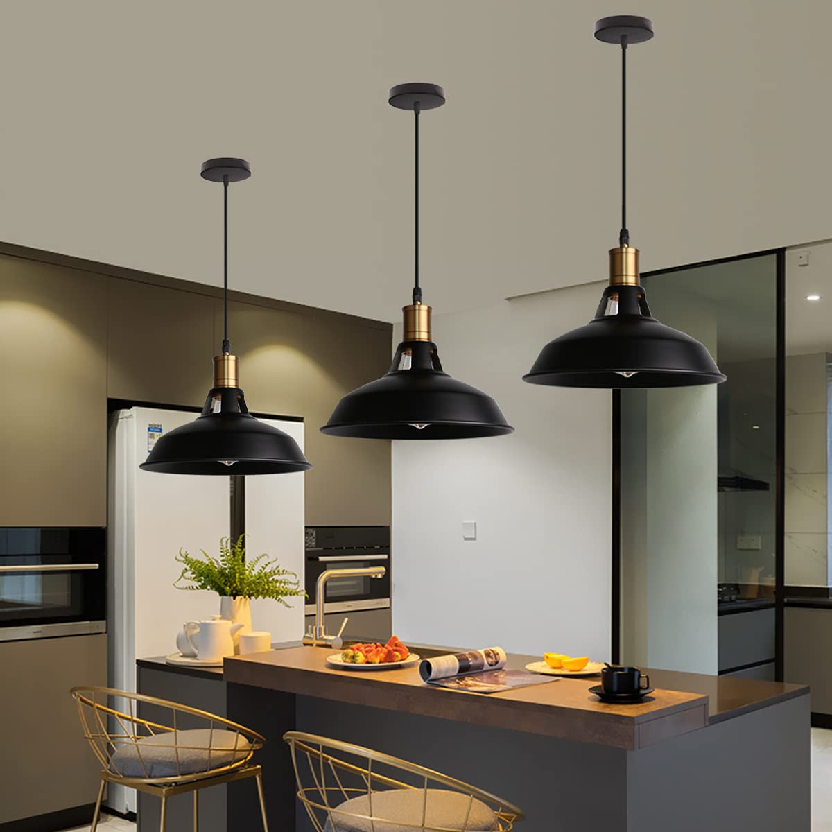 Lampada a Sospensione Industriale Vintage Lampadario Plafoniera E27 in Metallo Ø27cm Lampada da soffitto Retro Interni Per Cucina Camera da letto Sala Da Pranzo (Nero, 3 pezzi)