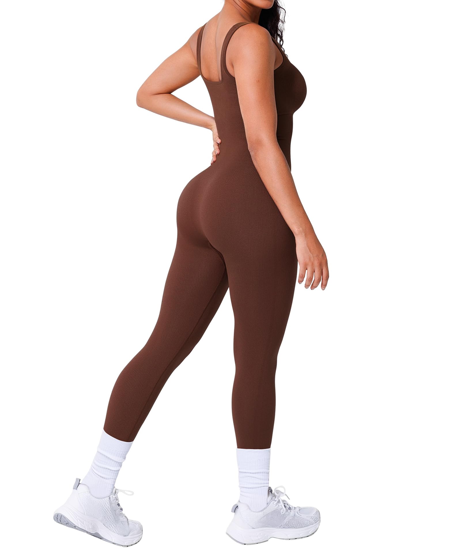 Built In Bra One Piece Jumpsuits for Women Square Neck Ribbed Sleeveless Seamless Rompers Bodysuits Casual Workout Gym-image-37