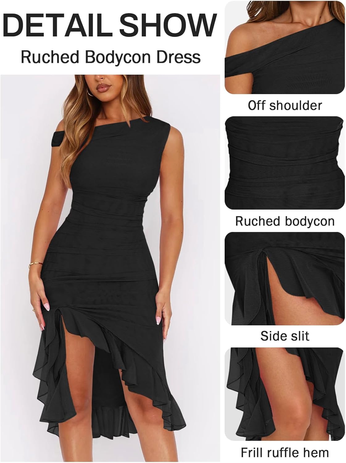 Women Sleeveless One Shoulder Bodycon Midi Dress Summer Side Slit Mesh Irregular Ruffle Cocktail Dress for Women - Image 4