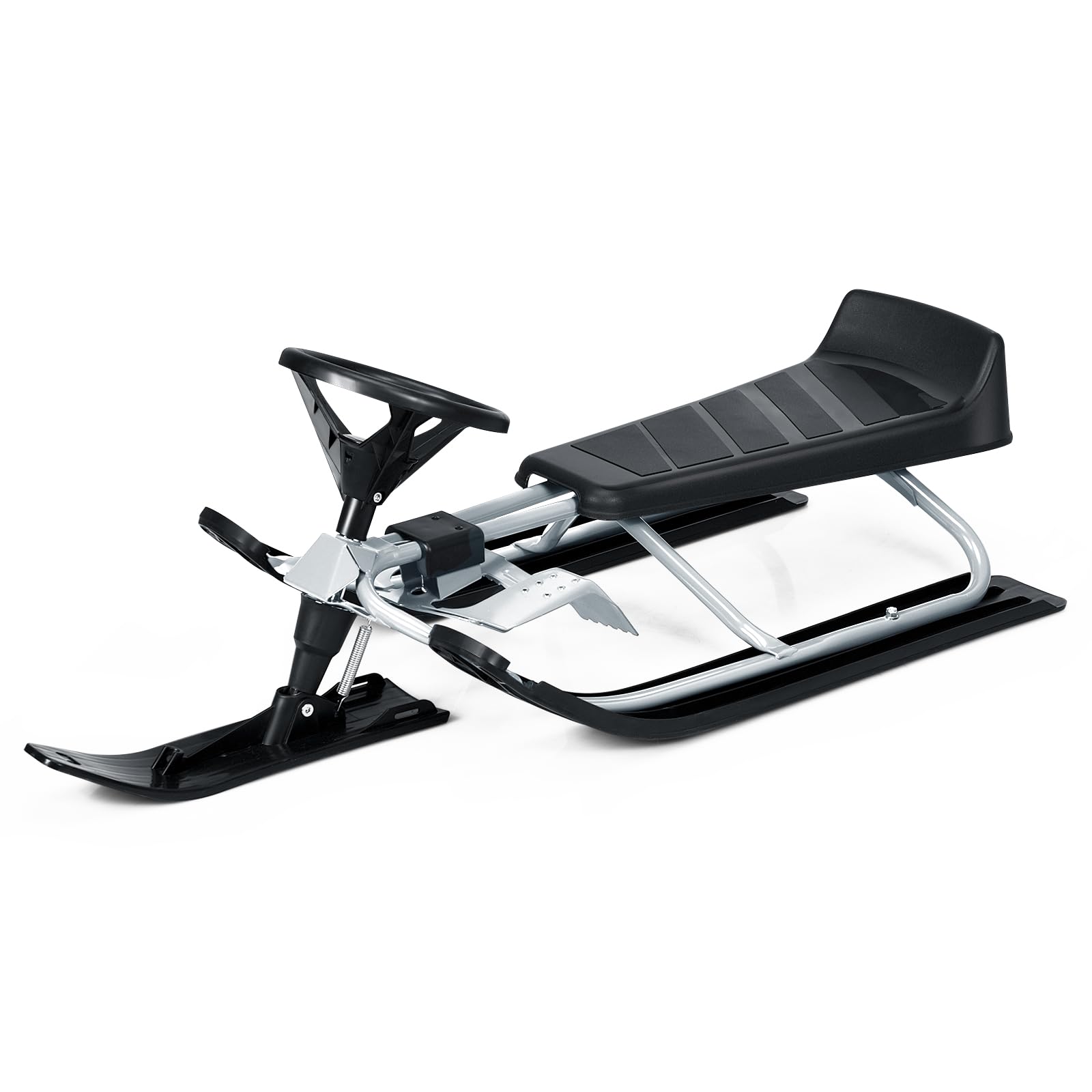 GOPLUS Luge d’Hiver Snowracer Enfants, avec Volant, 2 Freins et Amortisseur de Chocs, Luge de Direction avec Corde de Traction, Jouet d'Extérieur pour 4 Ans+, Charge 75 kg,Gris/Rouge