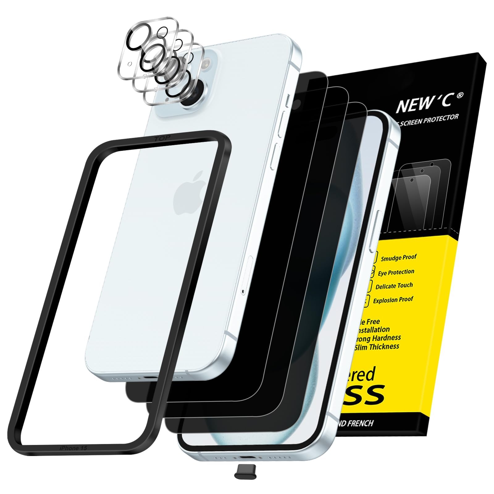 Photo 1 of NEW'C 3x Privacy for iPhone 15 Screen Protector (6.1 inches)+ 3x Camera Lens Protector, Sensor Protection, Case Friendly Tempered Glass Film + Dust Plug - Easy installation tool included