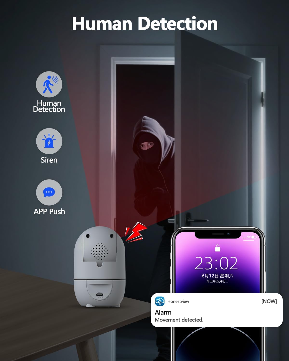 WEILAILIFE 2K Indoor WiFi Security Camera detecting a person entering a room, triggering an alarm notification