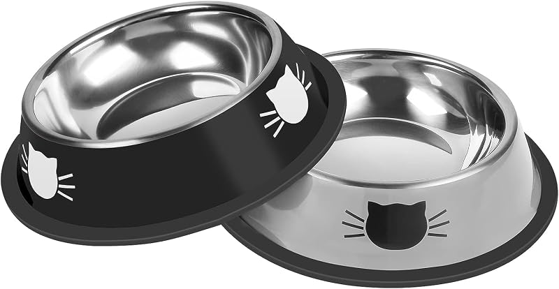 Serentive 2 cuencos de comida pequeños de acero inoxidable antideslizantes, irrompibles, comedero grueso para gatos, platos de 7 onzas, apto para mascotas pequeñas de interior, base de goma extraíble, fácil de limpiar, bonito color