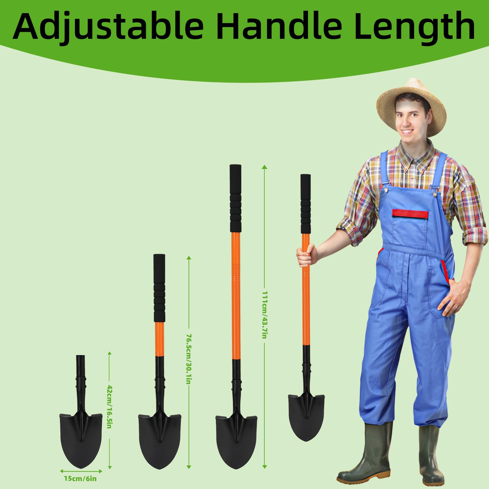 Pala de 43.7 pulgadas con mango de acero resistente, herramientas de jardín, pala pequeña para excavar, jardinería, camping, patio, coche, color naranja