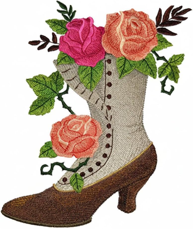 Custom and Unique Classic Victorian Elements [Boot with Roses] Embroidered Iron on/Sew Patch 6.66x 7.8*" [Made in USA]