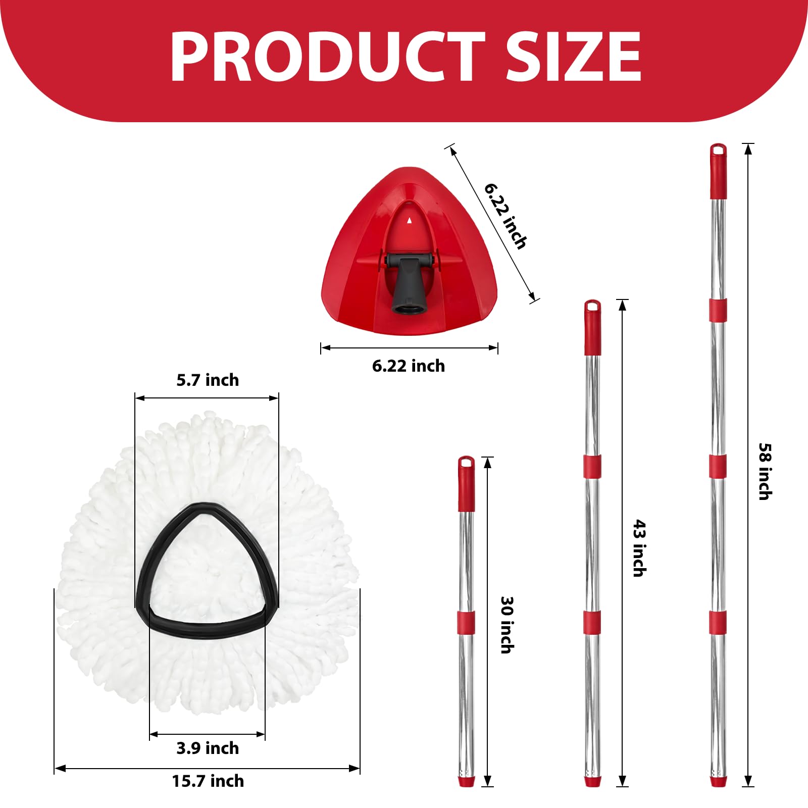 Juego de repuesto de trapeador giratorio para sistema O-Ceda EasyWring de 1 tanque, incluye 2 cabezales de repuesto para trapeador, 1 mango de trapeador (poste ajustable de 4 secciones de 30 a 3