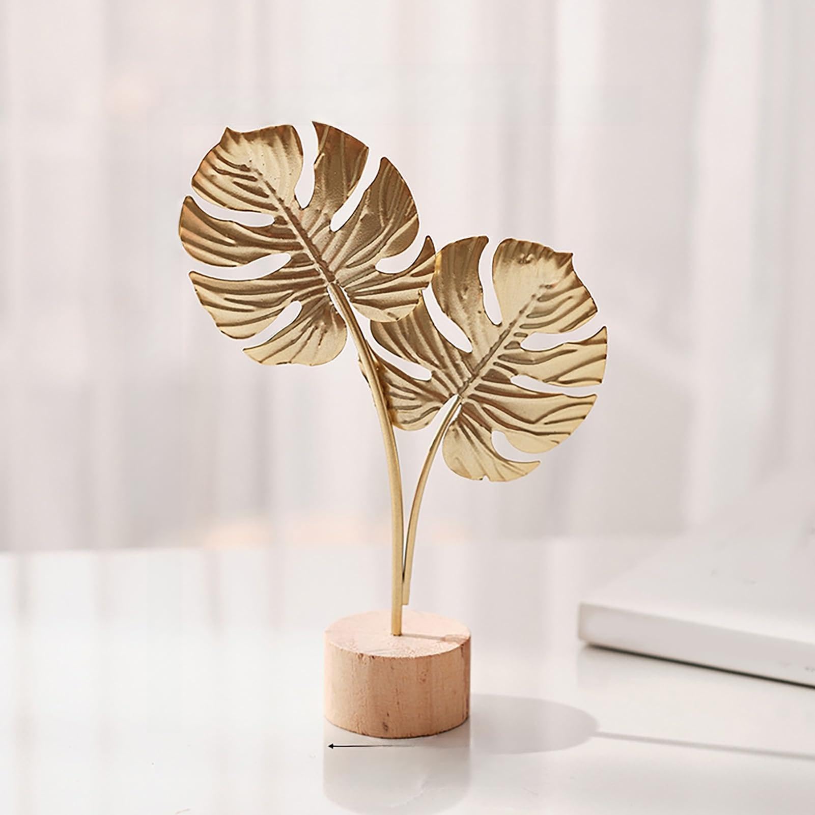 Quoravel Metal Gold Palm Leaf Ornaments, Ginkgo Leaf, Feather Statue with Wood Base, Modern Desktop Sculpture for Living Room, Bookshelf, Office Desk Decor C