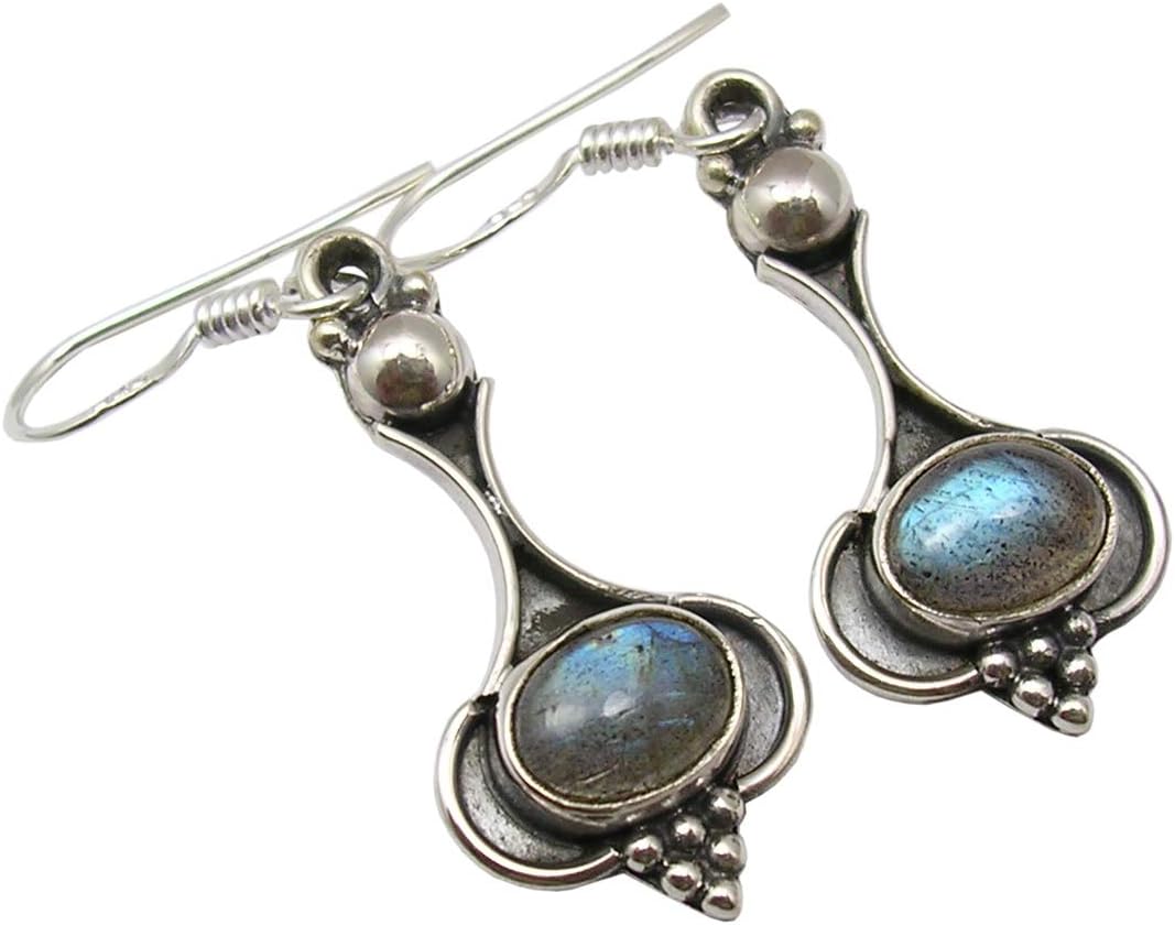 Sterling Silver Blue 6 x 8 mm Labradorite Old Style Earrings 1.7" Bijoux