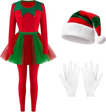Hillban 4 Pcs Christmas Elf Costume Women Tutu Dress