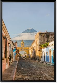 Antigua volcano at sunrise Black Framed Canvas Wall Art for Bedroom Living Room Kitchen Bathroom Posters Prints Pictures Wall Decor Painting Artwork 12x16