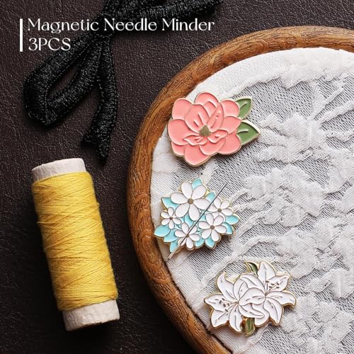 Image of Luna cici 3Pieces Needle Minder for Sewing,Magnetic Needle Keeper for Cross Stitch,Cute Flower Cartoon Pin,Needle Holder for Embroidery,Needlework Storage Accessory, Gift for Cross Stitch Lover