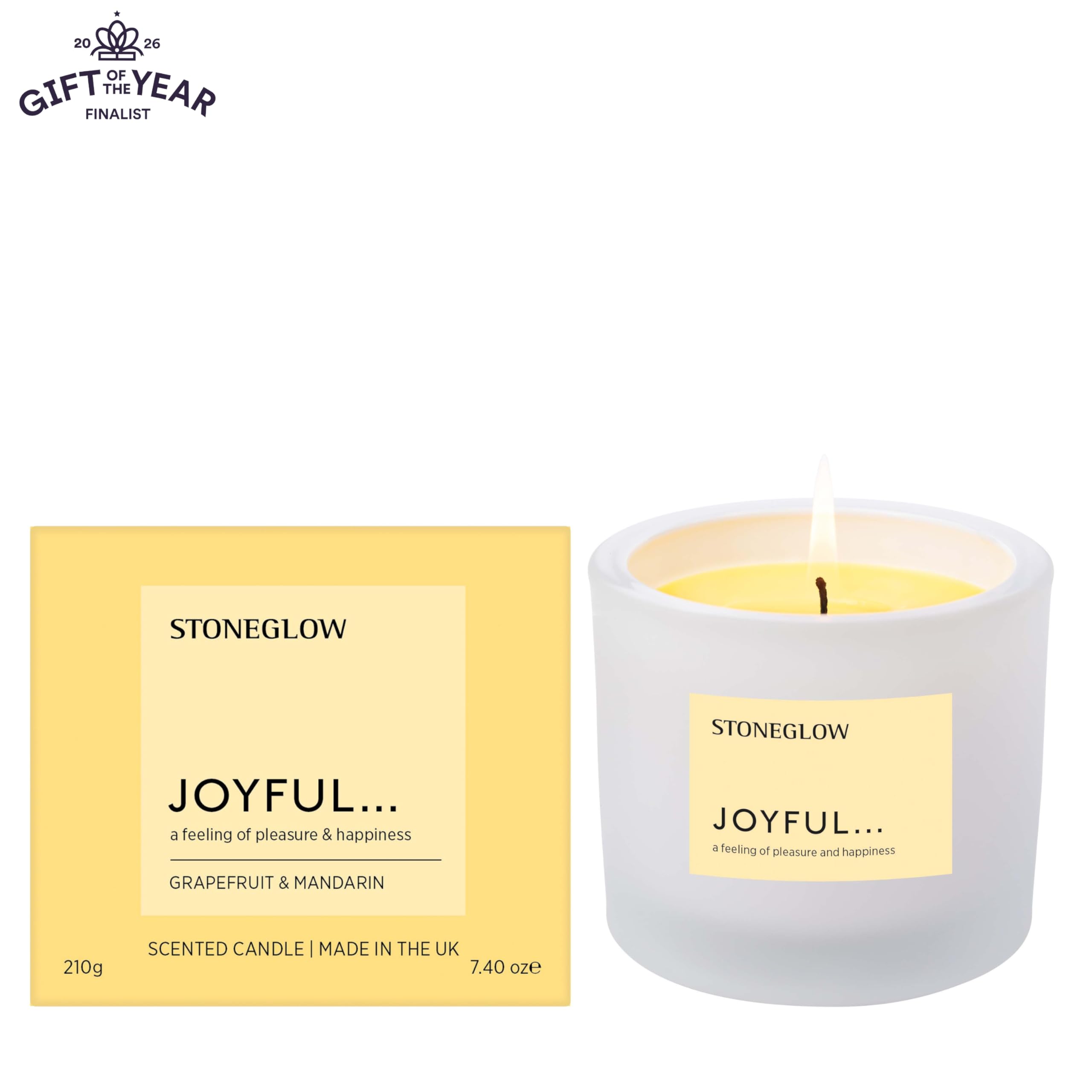 Stoneglow - Affirmations - Joyful - Grapefruit & Mandarine - Duftkerze im Tumbler (79 x 89 mm) Kokos- und Rapssamen-Wachsmischung, Grapefruit, Mandarine, saftige Aprikosen und Cassis