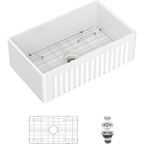 White Farmhouse Sink 30 Inch - Geworzi 30x18 Farm Kitchen Sink Fireclay Reversible Apron Front Deep Single Bowl Sinks,White Ceramic Porcelain Farmer Style Barn Sinks, 30''x18''x10''