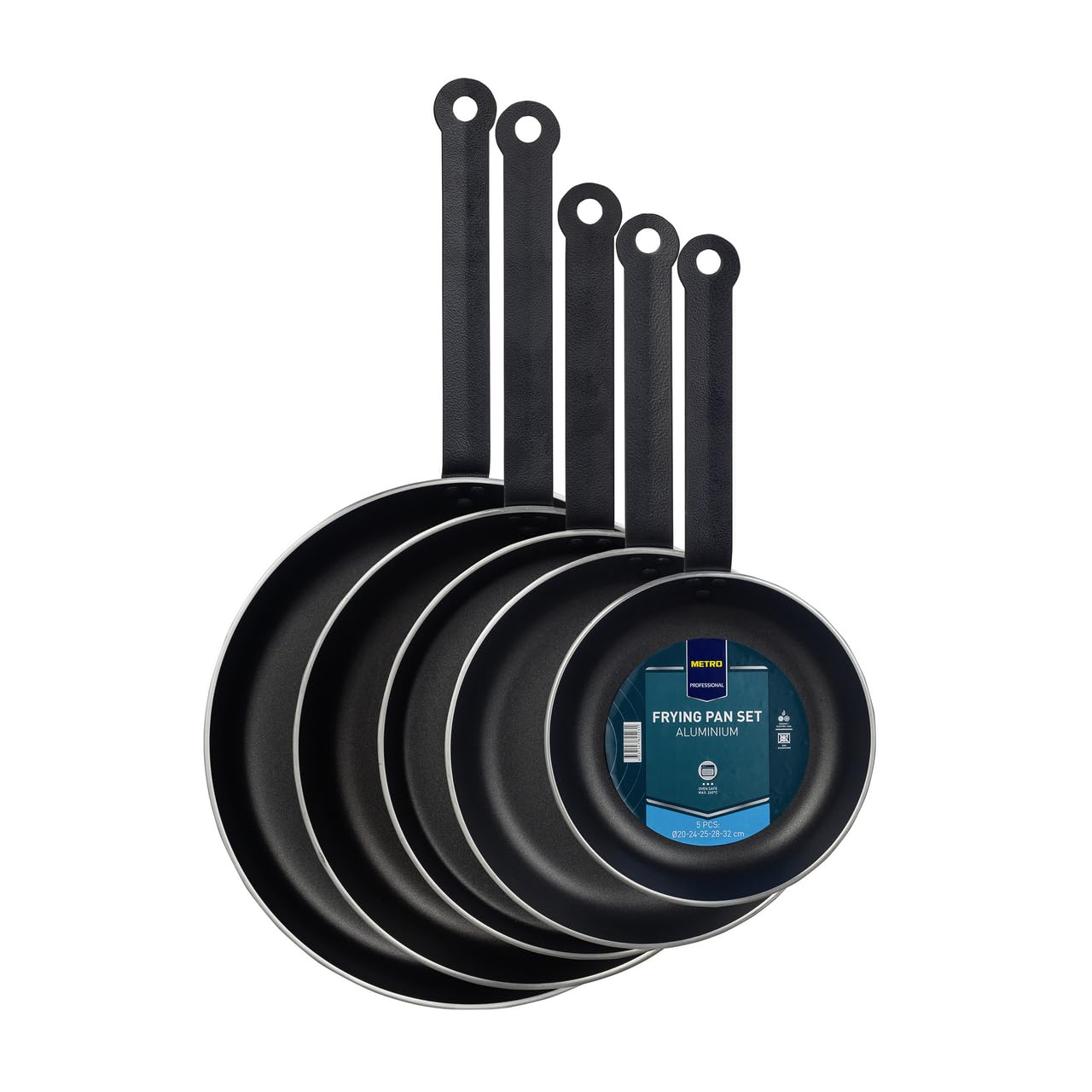 Metro Professional Juego de sartenes (5 piezas, aluminio, 20 + 24 + 28 + 32 cm + Sartén para crepes 25 cm), antiadherente, aptas para horno hasta max. 240 °C, también para uso industrial