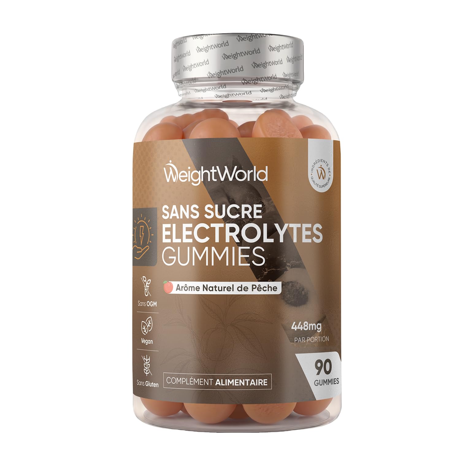 Gummies Electrolyte sans Sucre, 90 Gummies, 448mg par Portion - 5 Électrolytes : Potassium Calcium Magnésium Sodium Chlorure - Arôme Naturel Pêche, sans OGM, sans Gluten - Fabriqué par WeightWorld
