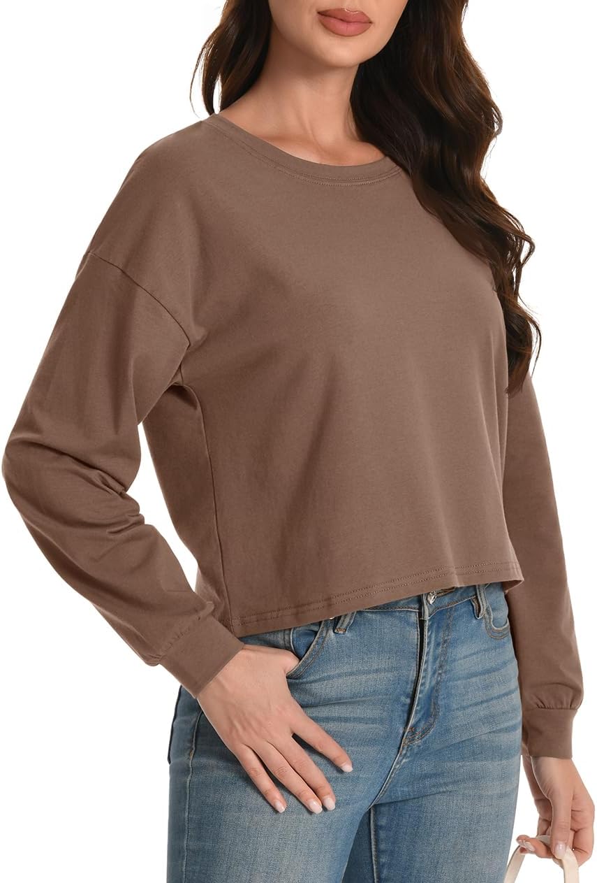 Womens Long Sleeve Crop Tops Loose Cropped Tshirt Crew Neck Tees Casual Cotton Athletic Workout Shirts - Image 2