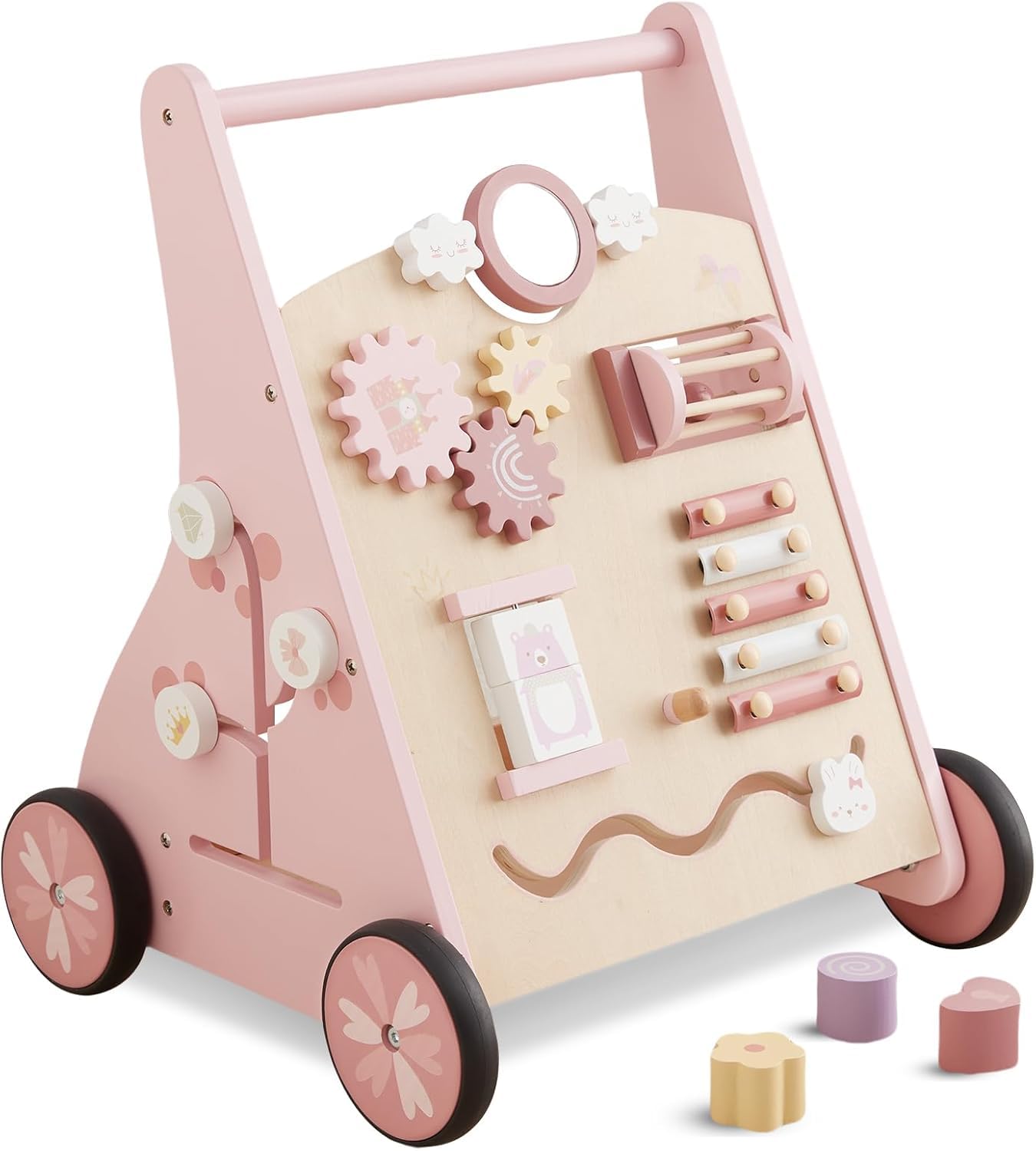 Asweets Baby Lauflernwagen aus Holz, Baby Walker und Activity Center, Multifunktion Montessori Spielzeug Geschenk für Jungen und Mädchen ab 1-3 Jahren (Rosa)